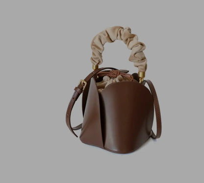 Women's Cow Leather Mini Bucket Bag with Ruched Handle