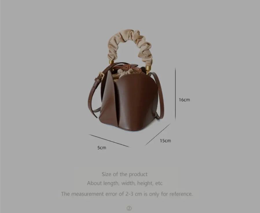 Women's Cow Leather Mini Bucket Bag with Ruched Handle
