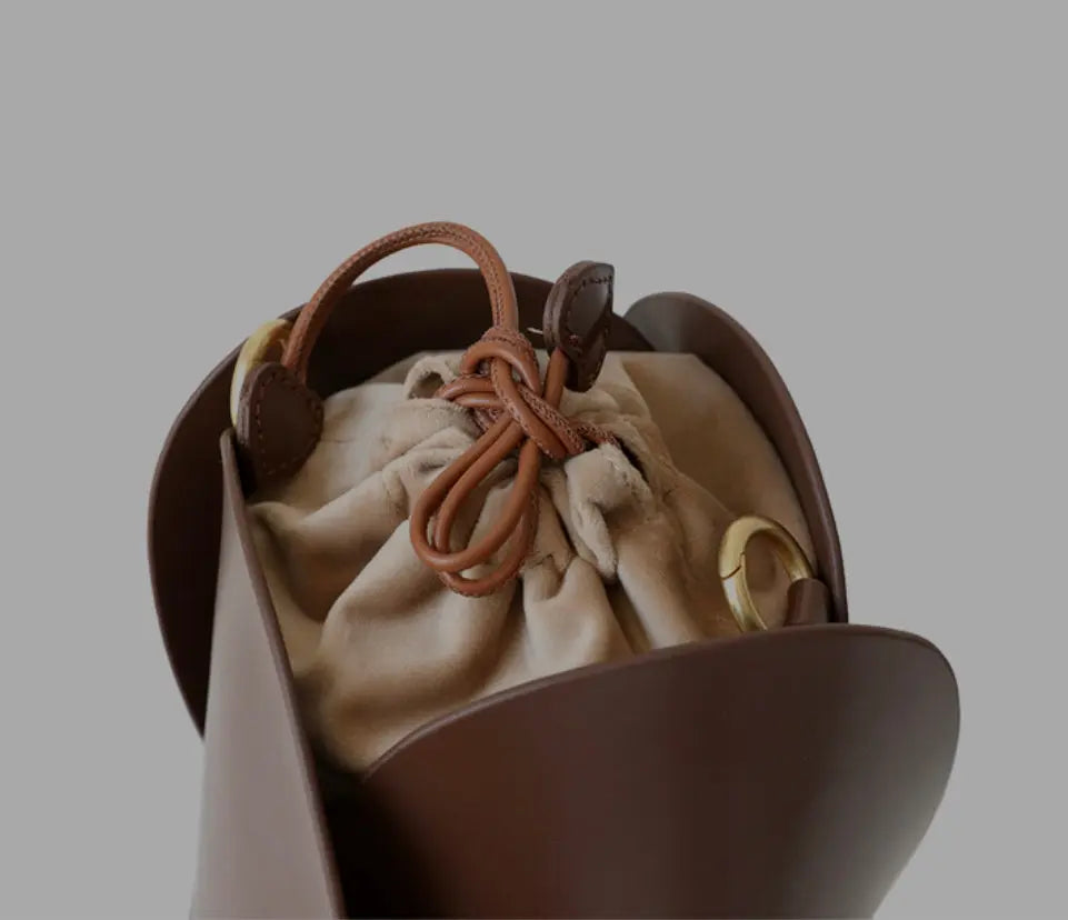 Women's Cow Leather Mini Bucket Bag with Ruched Handle
