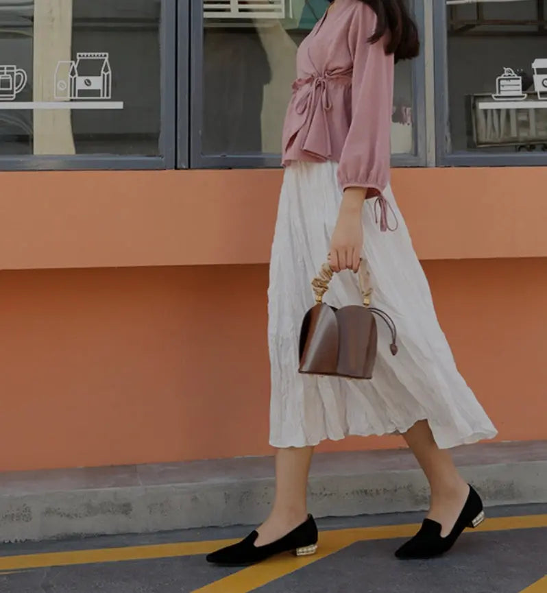 Women's Cow Leather Mini Bucket Bag with Ruched Handle