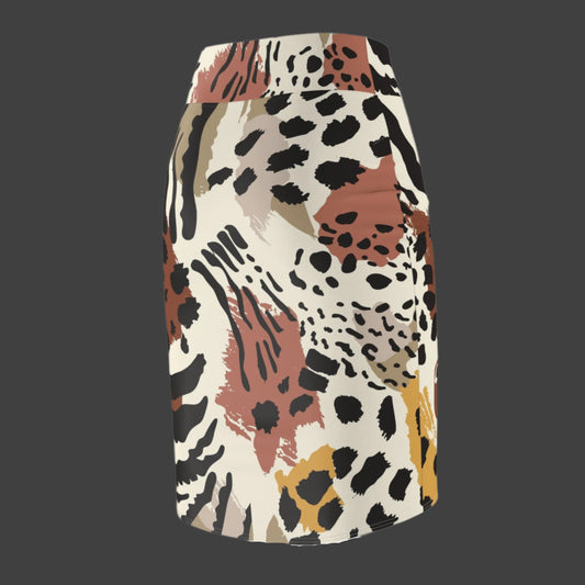 Animal-print pencil skirt with a mix of black, white, brown, beige, and mustard yellow brush stroke designs—form-fitting, stylish, and perfect for casual or elegant looks.