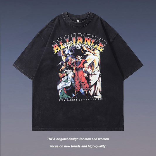 Black graphic t-shirt featuring Dragon Ball Z-inspired characters in battle stance, bold ‘ALLIANCE’ lettering above, and tagline ‘EVIL CANNOT DEFEAT JUSTICE’ below—perfect for anime fans and streetwear lovers.