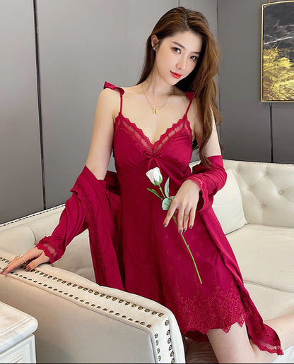 Elegant ice silk pajama set featuring a suspenders nightdress with lace detailing and a matching long-sleeved robe, perfect for spring and autumn—lightweight, stylish, and comfortable.