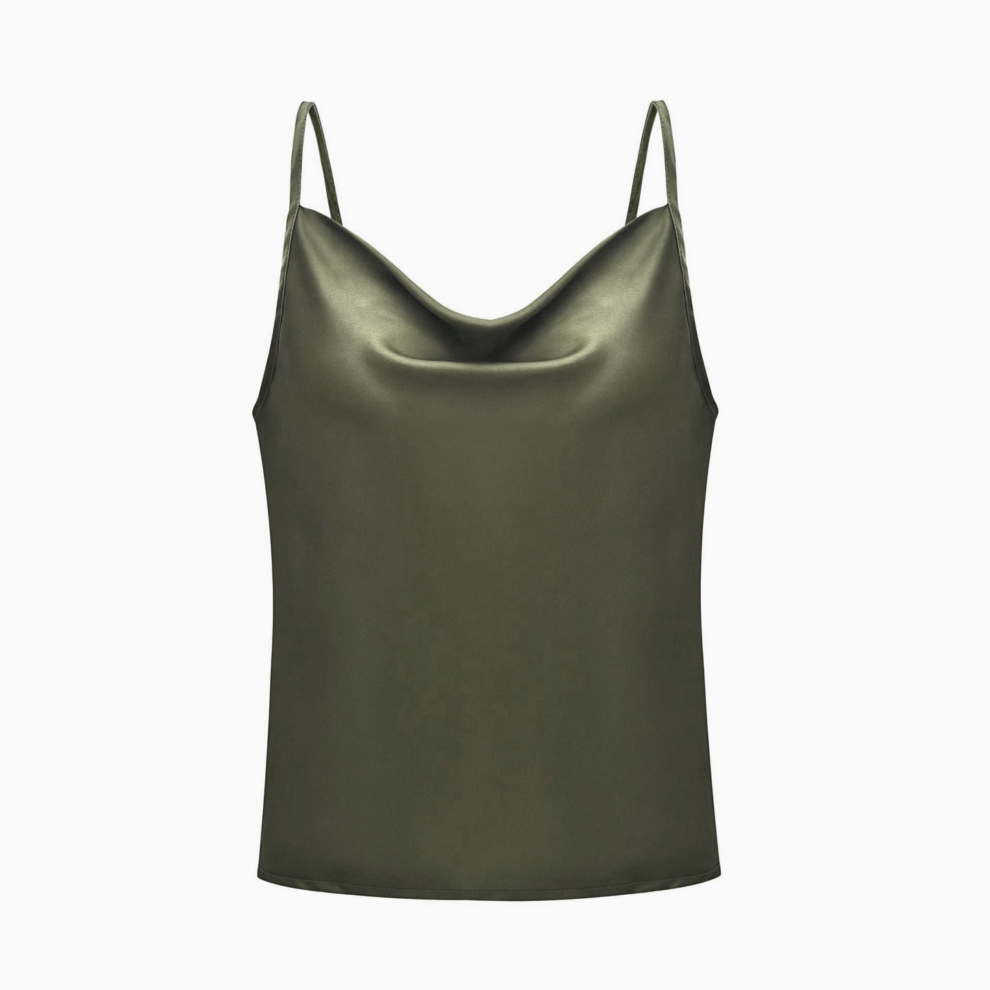 Grey satin camisole top, styled with a light blue denim skirt, holding a branch with green leaves—modern, elegant, and perfect for casual or dressy looks.