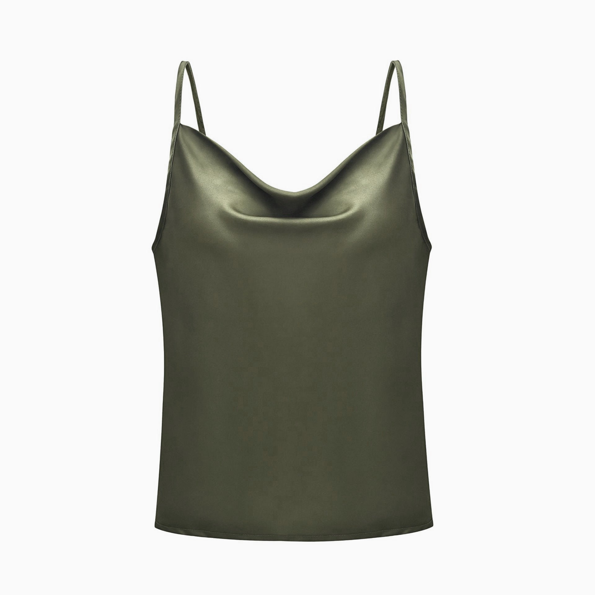 Grey satin camisole top, styled with a light blue denim skirt, holding a branch with green leaves—modern, elegant, and perfect for casual or dressy looks.