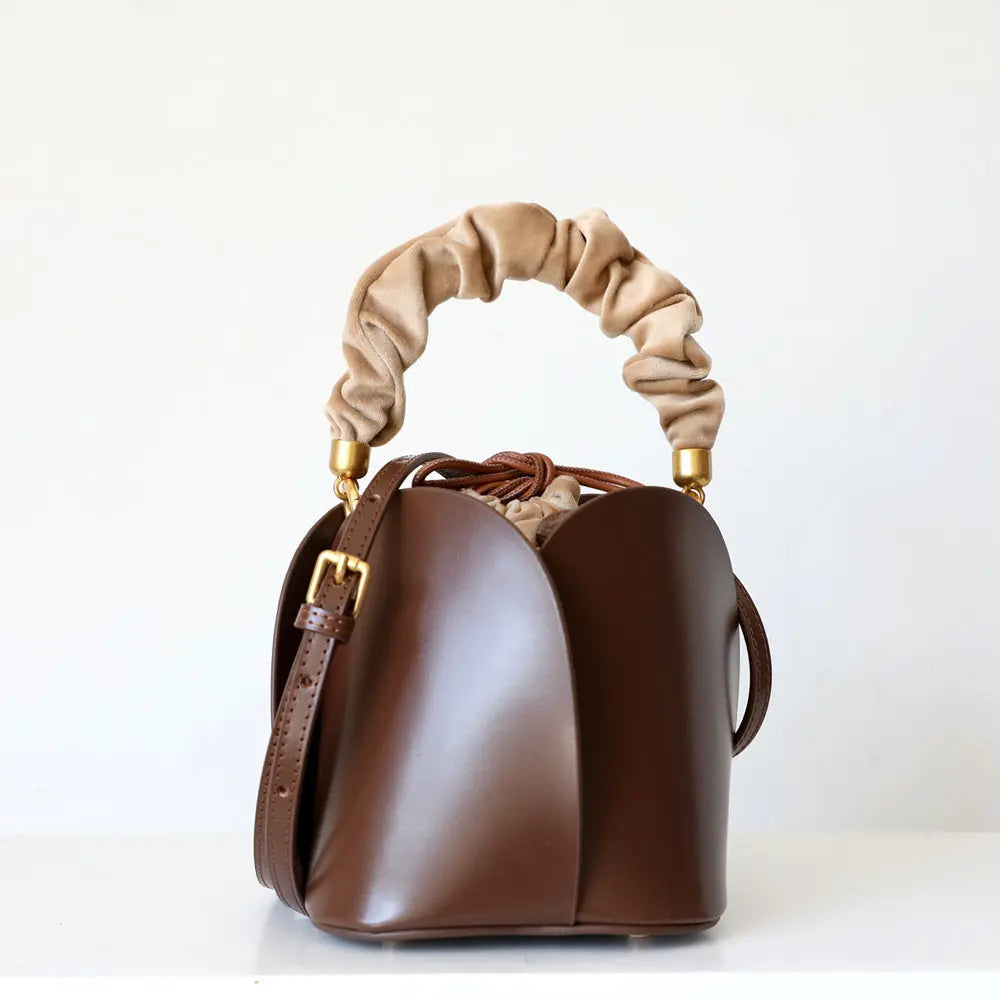 Women's Cow Leather Mini Bucket Bag with Ruched Handle