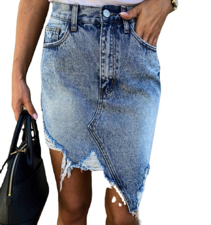 Casual Irregular Bag Hip Skirt Tassel Ripped Denim Skirt