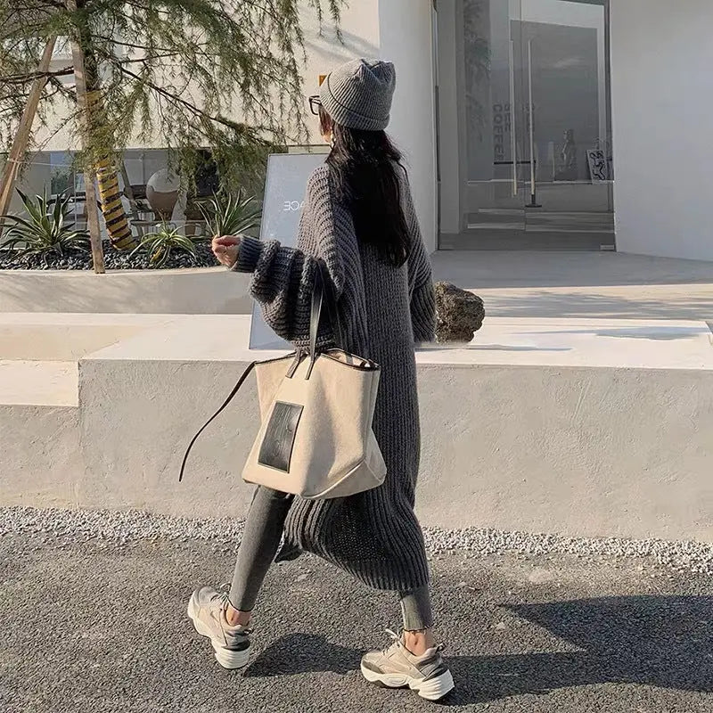 Japanese And Korean Style Lazy Fashion Mid-length Knee-length Sweater Coat Women's Loose All-match Base Long-sleeved Knitted Cardigan Thick Women