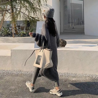 Japanese And Korean Style Lazy Fashion Mid-length Knee-length Sweater Coat Women's Loose All-match Base Long-sleeved Knitted Cardigan Thick Women