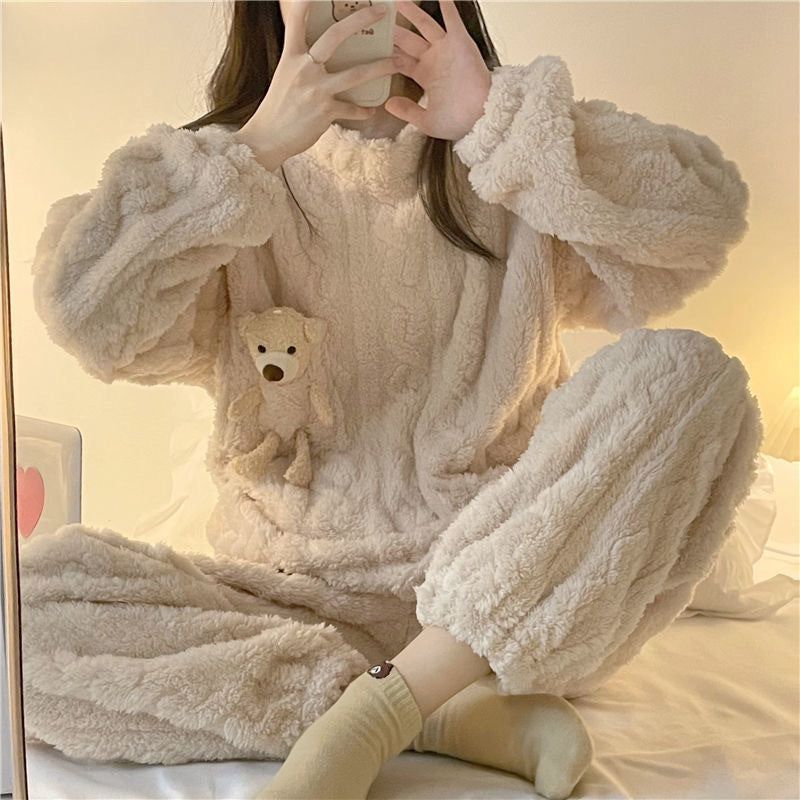 Winter Thickened Pajamas Women&#039;s Plush Cute And Sweet Plush Fleece To Keep Warm Send Puppet Bear Home Service Female Net Red Suit