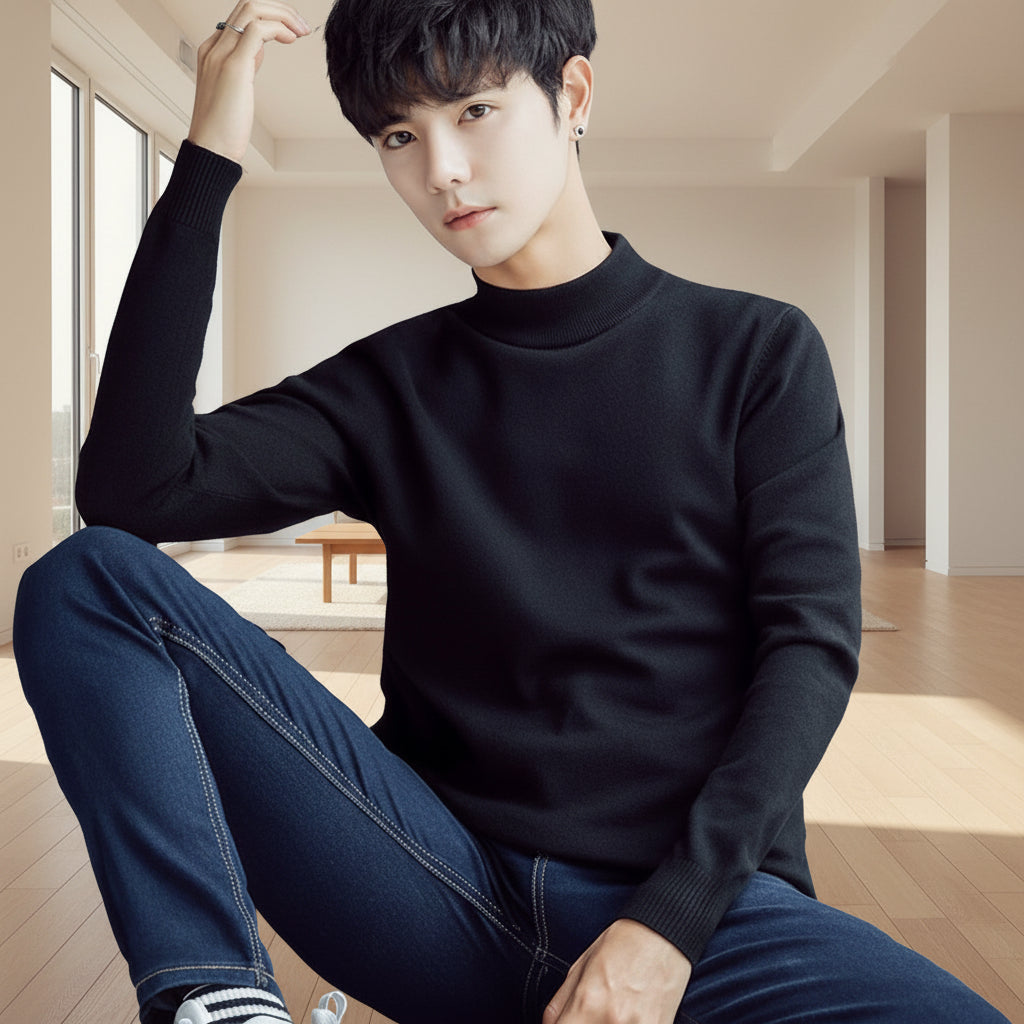 Cross-border Men's Sweater Warm Base Sweater Slim-fit Half-high Collar Korean Style Handsome Pullé Top