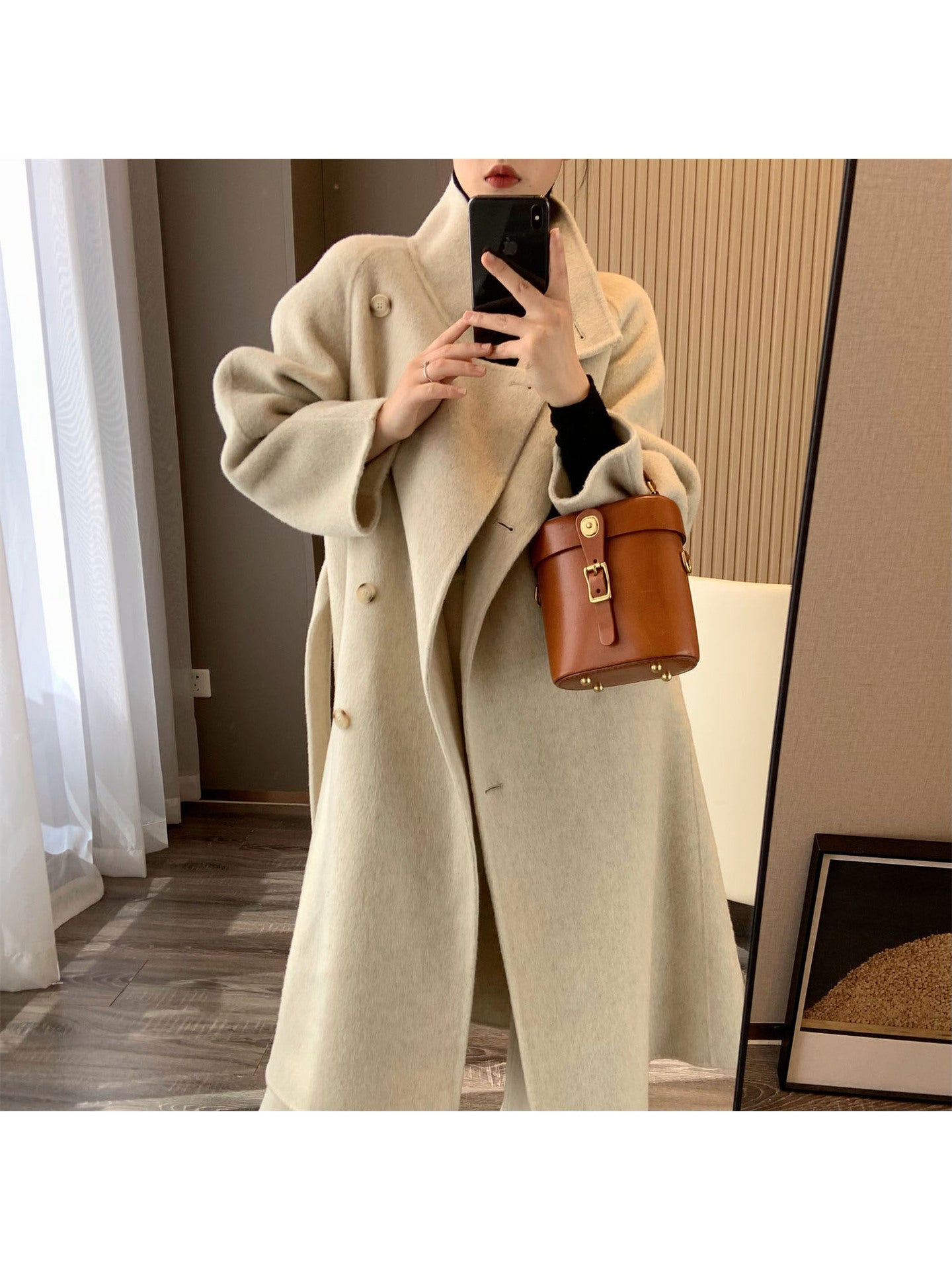 100 Sheep Wool Long-haired Mid-length Double-sided Woolen Coat With Stand-up Collar And Oblique Breasted Buttons