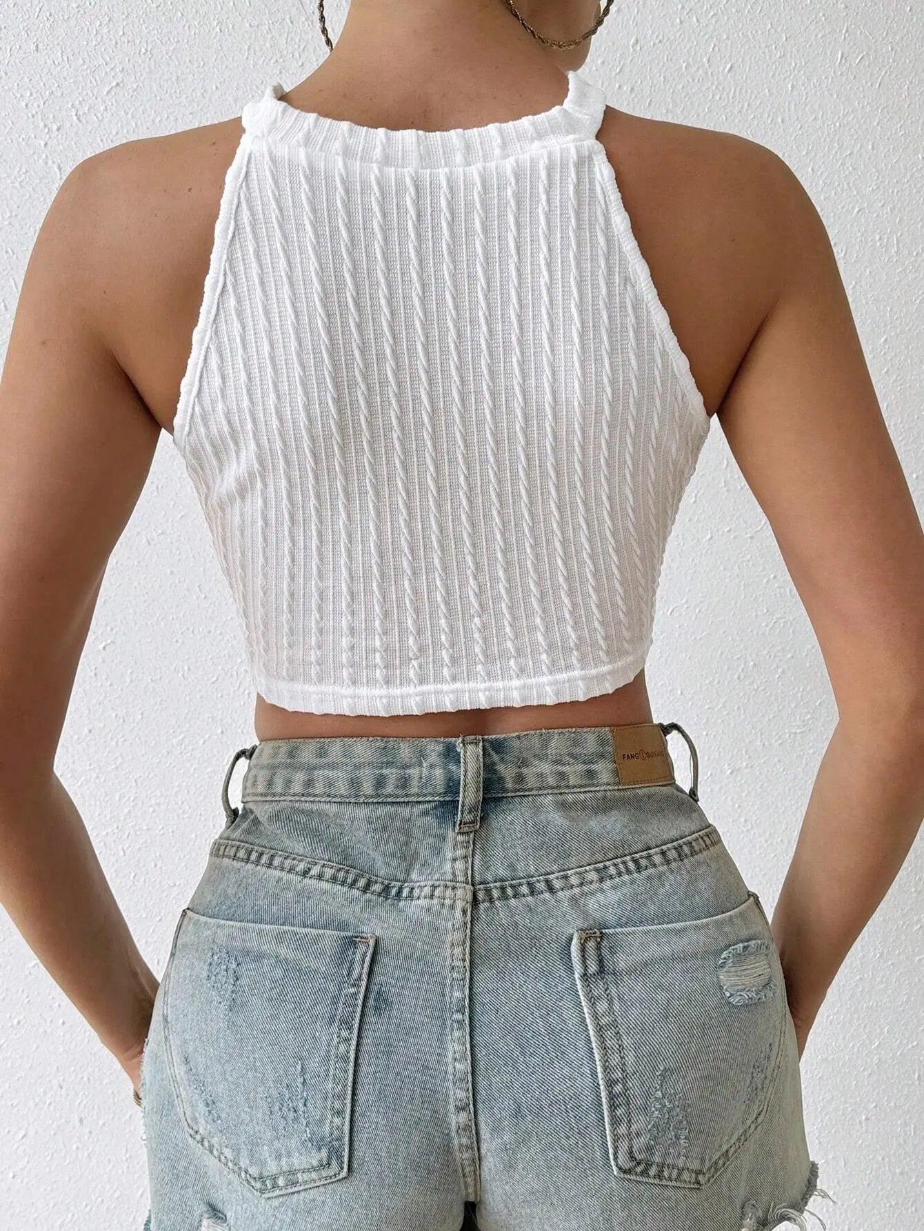 Women's Knitted Halter Crop Top with Lace Tassel Hem