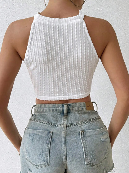 Women's Knitted Halter Crop Top with Lace Tassel Hem