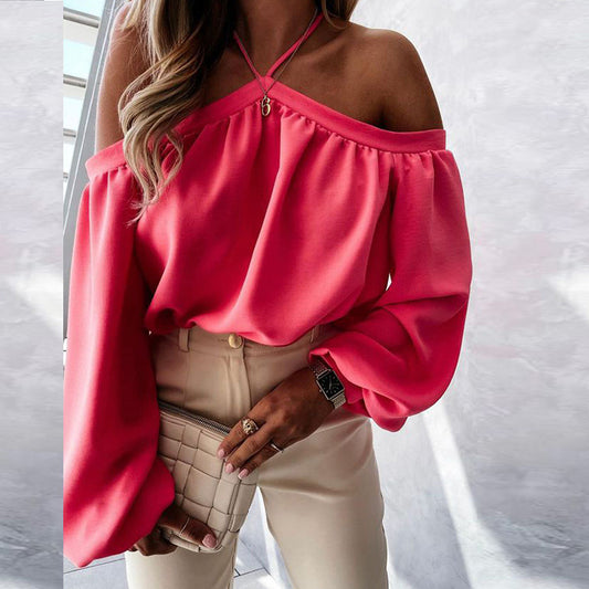 2023 Spot Autumn New Women&#039;s Clothing Solid Color Off-the-shoulder Hanging Neck Long-sleeved Fashion Casual Top T-shirt