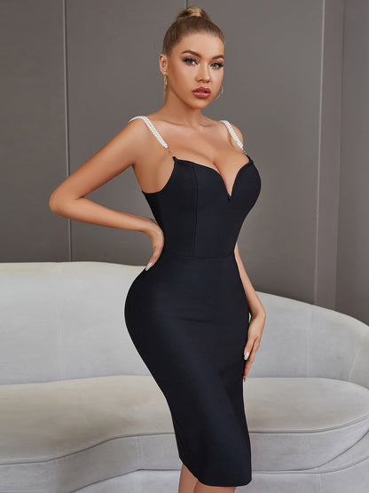 New Sexy Black Dress Elegant Pearl Sling Tube Top Slim Party Ladies Dress