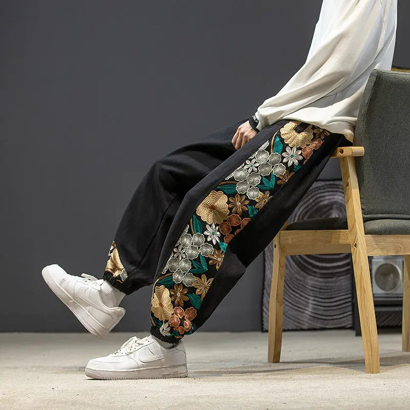 New Products Loose Men's Trend Large Size Embroidery Color Matching Casual Trousers