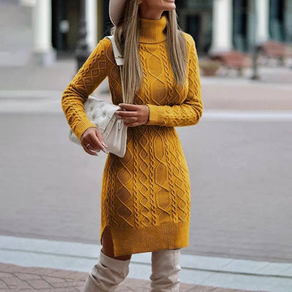 Long Sleeve Knitted Turtleneck Twist Dress with Slits