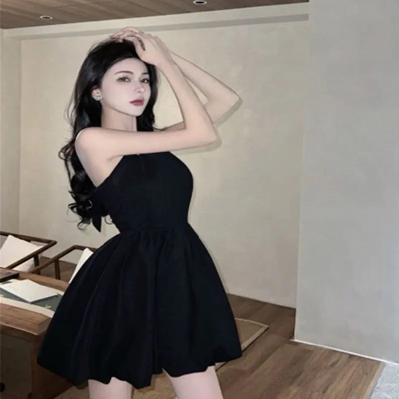 New Pure Desire Black Neck Sling Dress With Halter Waist Elegant Sexy A- Line Dress Women's Small Black Dress