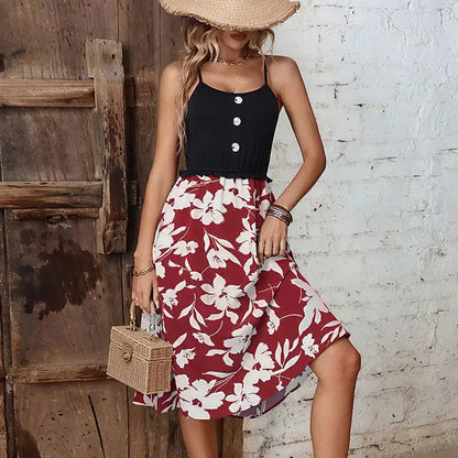 Summer New European And American Fashion Women's Flower Stitching Suspender Dress