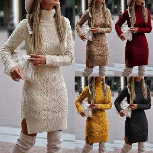 Long Sleeve Knitted Turtleneck Twist Dress with Slits