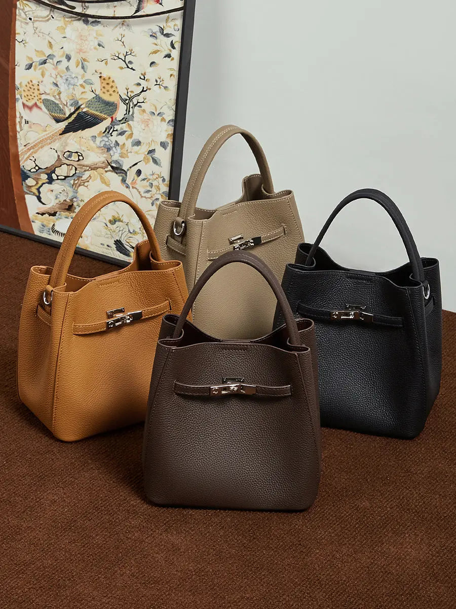 Women's Pebble-Grain Cowhide Leather Mini Bucket Bag