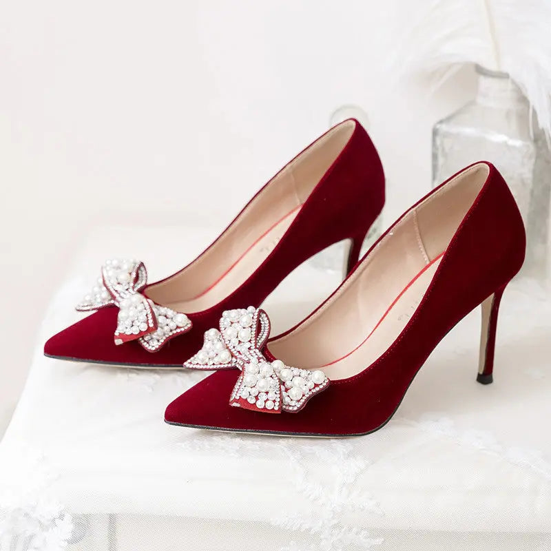 Main Wedding Dress Wedding Shoes Bridal Shoes French Dress Shoes Pearl White High Heel Bridesmaid Shoes Sexy Wine Red Banquet Shoes