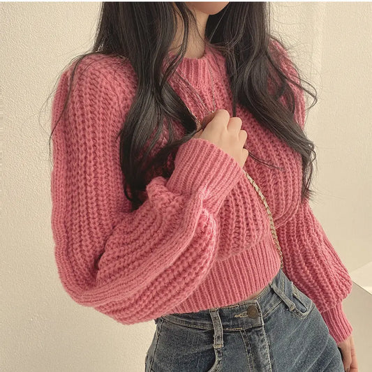 Korean Style Age-reducing Pink Puff Sleeve Soft Waxy Sweater For Women In Autumn And Winter Fashion Royal Sister Style Loose Pullover Knitted Top