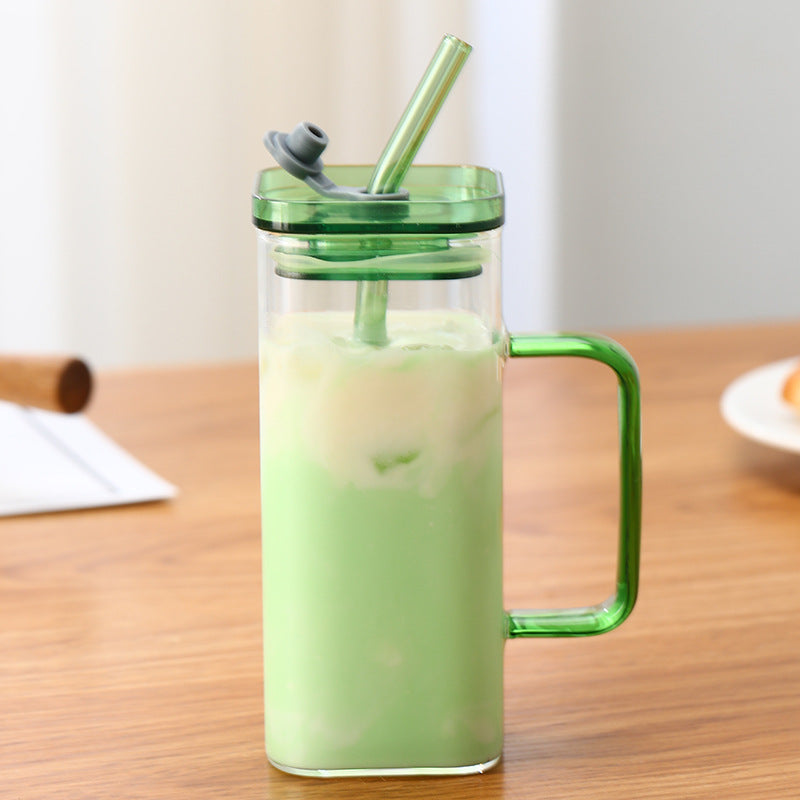 Square Glass Cup With Color Handle Milk Juice Cup Transparent Simple Household Cup Borosilicate Glass Water Cup