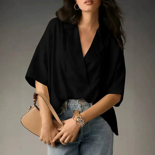 Women's Oversized V-Neck Satin Blouse Casual Batwing Shirt
