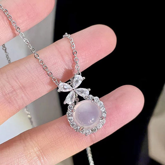 Bow White Chalcedony Necklace Zircon Clavicle Chain Flower Advanced Niche Necklace Female Tanabata Valentine's Day Gift