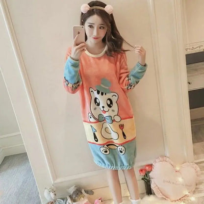 Pajamas For Women, Winter Nightgown, Women's Autumn And Winter Long-sleeved Thickened Student Korean Version Of Cute Cartoon Home Clothes