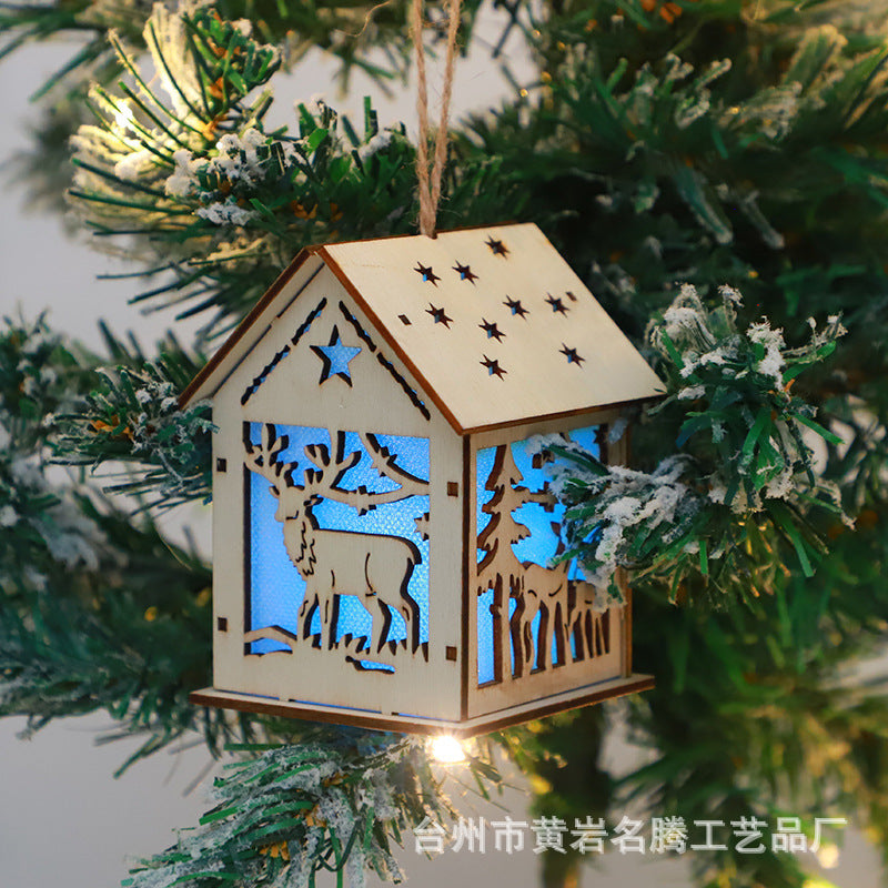 Cross-border Christmas Decoration Wooden Luminous Cabin New Hollow Christmas Ornaments LED Wooden Decoration Pendant