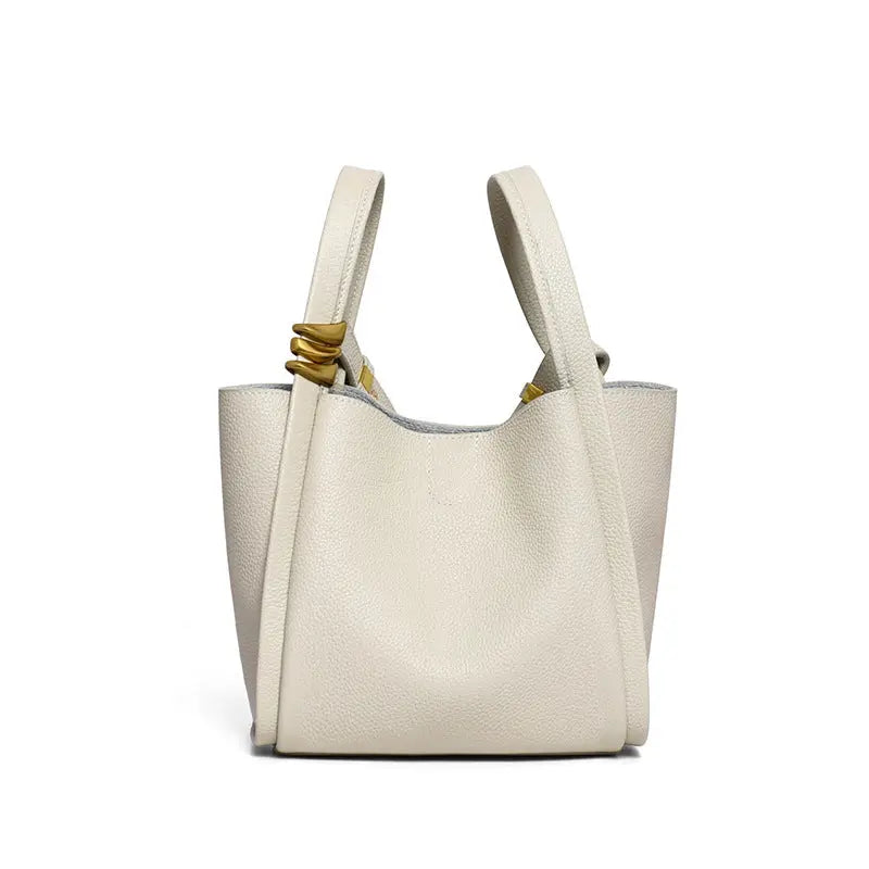 Women's Cowhide Leather Bucket Tote Bag with Inner Pouch