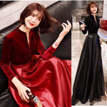 Elegant Velvet & Satin Maxi Dress - Long Sleeve Formal Evening Gown
