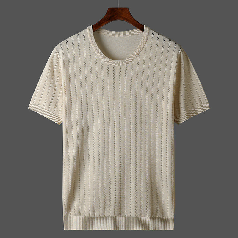 New Summer Hollow Ice Silk Knitted Men&#039;s Short Sleeve T-shirt Thin Plus Size Trendy Breathable Round Neck Half Sleeve