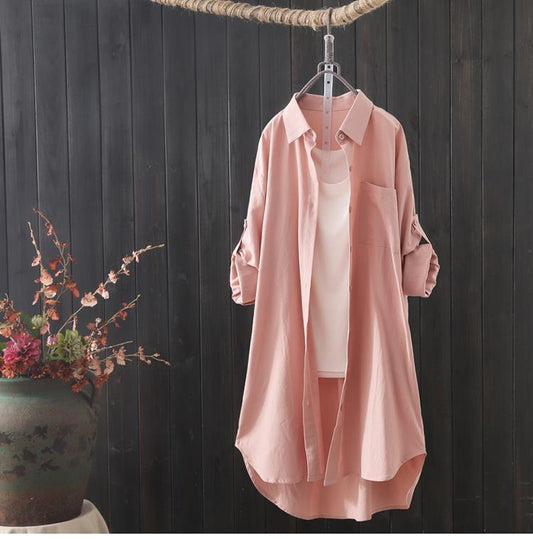 Mid-length Cotton And Linen Dress Shirt Women