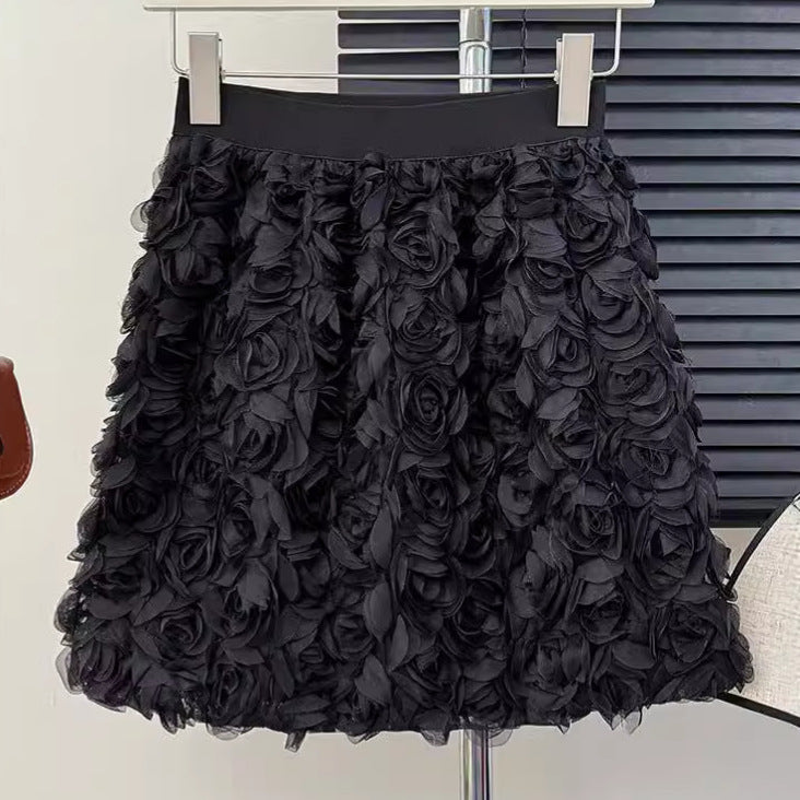 South Korea Elegant White High Waist Three-Dimensional Rose Decorative Feminine Skirt Sweet Age-Reducing A- Line Hip Skirt