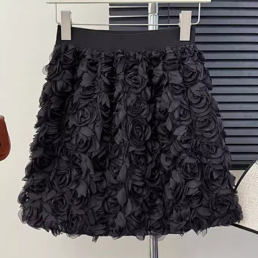 South Korea Elegant White High Waist Three-Dimensional Rose Decorative Feminine Skirt Sweet Age-Reducing A- Line Hip Skirt