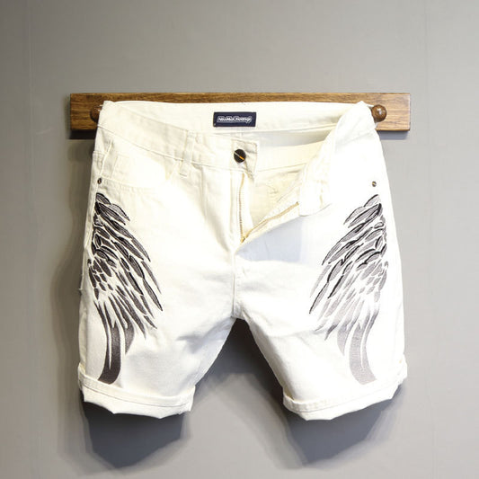 Dongdaemun Personality Angel Wings Embroidery Slim White Denim Shorts Men&#039;s All-match Fashion Five-point Pants
