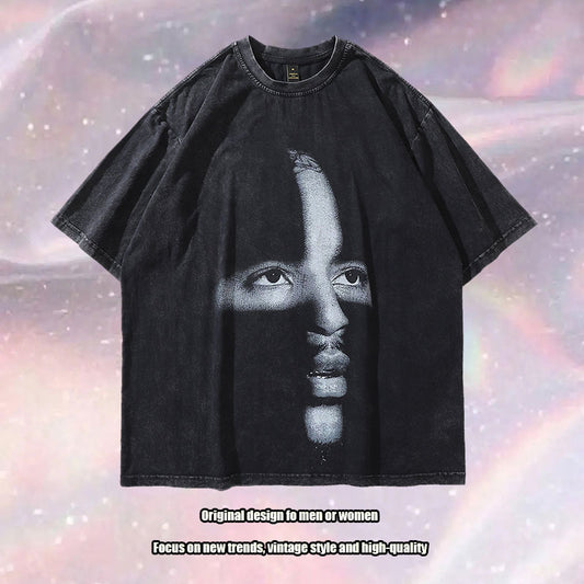 European And American Hip Hop Retro Oversize Washed Old Small Collar Short Sleeve T-Shirt Men&#039;s Street Fashion Brand Half Sleeve T-Shirt