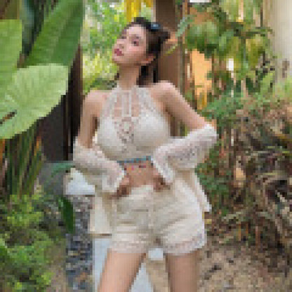 Fashionable Beach Holiday Ethnic Style Bikini Knitted Sexy Hollow Backless Small Suspenders Shorts Outer Shirt Three-piece Set