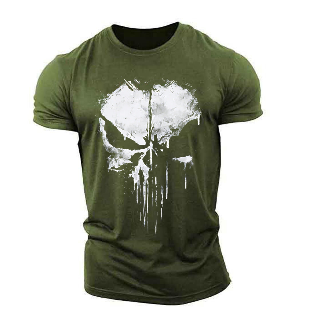 Streetwear skull graphic t-shirt featuring dripping paint effects, available in multiple bold colors—perfect for edgy fashion lovers.