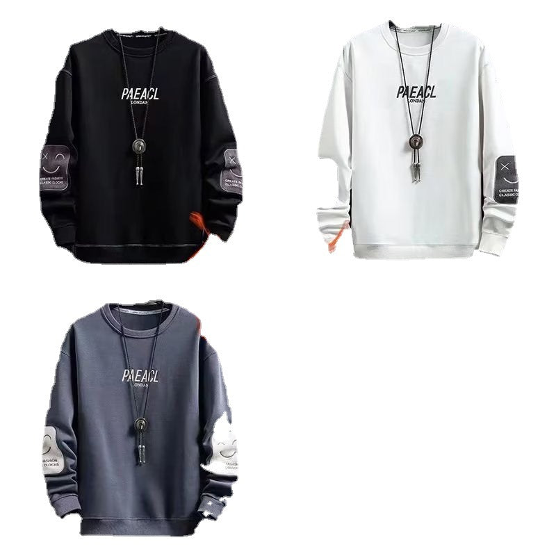 Streetwear sweatshirt featuring ‘PAEACL LONDON’ printed on the front, sleeve patches with additional branding, and available in four colors—red, black, grey, and white—perfect for urban fashion lovers.