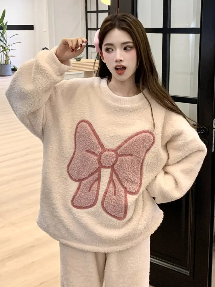 Korean Ins Coral Velvet Pajamas For Women Autumn And Winter Long-sleeved Flannel Sweet Students Soft Thickened Home Clothes