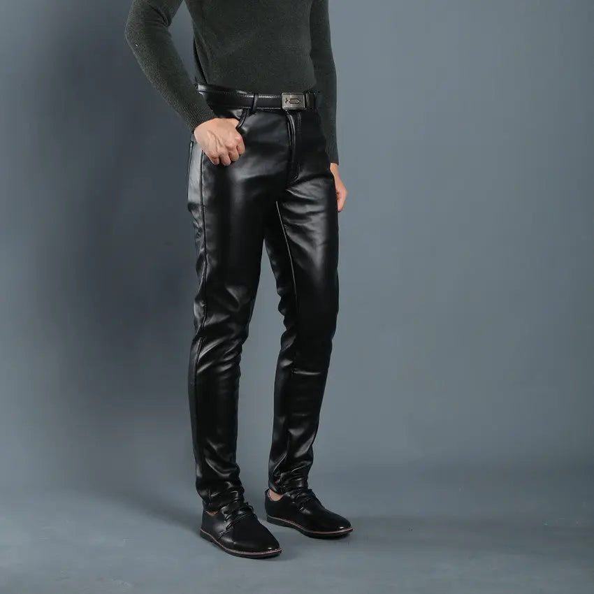 Spring And Summer Models Autumn And Winter Models Plus Velvet Thick Leather Pants Men's Slim Locomotive Warm Pencil Pants Men's Windproof Casual Trousers