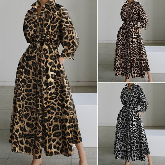 Elegant Long Sleeve Shirt Dress with Pockets - Maxi Waist Tie Dress Plus Size