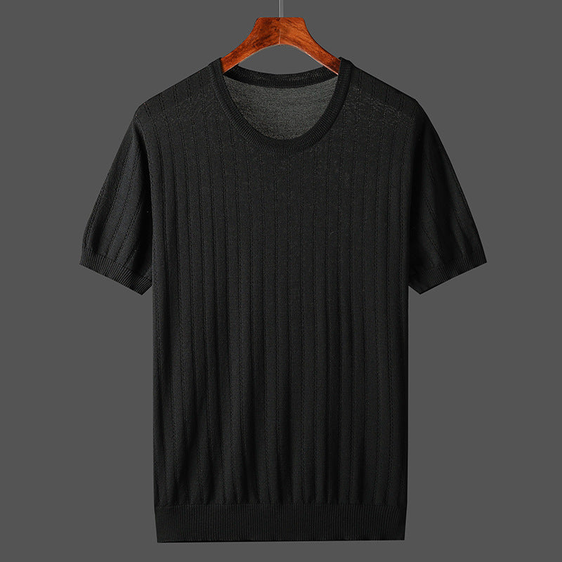 New Summer Hollow Ice Silk Knitted Men&#039;s Short Sleeve T-shirt Thin Plus Size Trendy Breathable Round Neck Half Sleeve