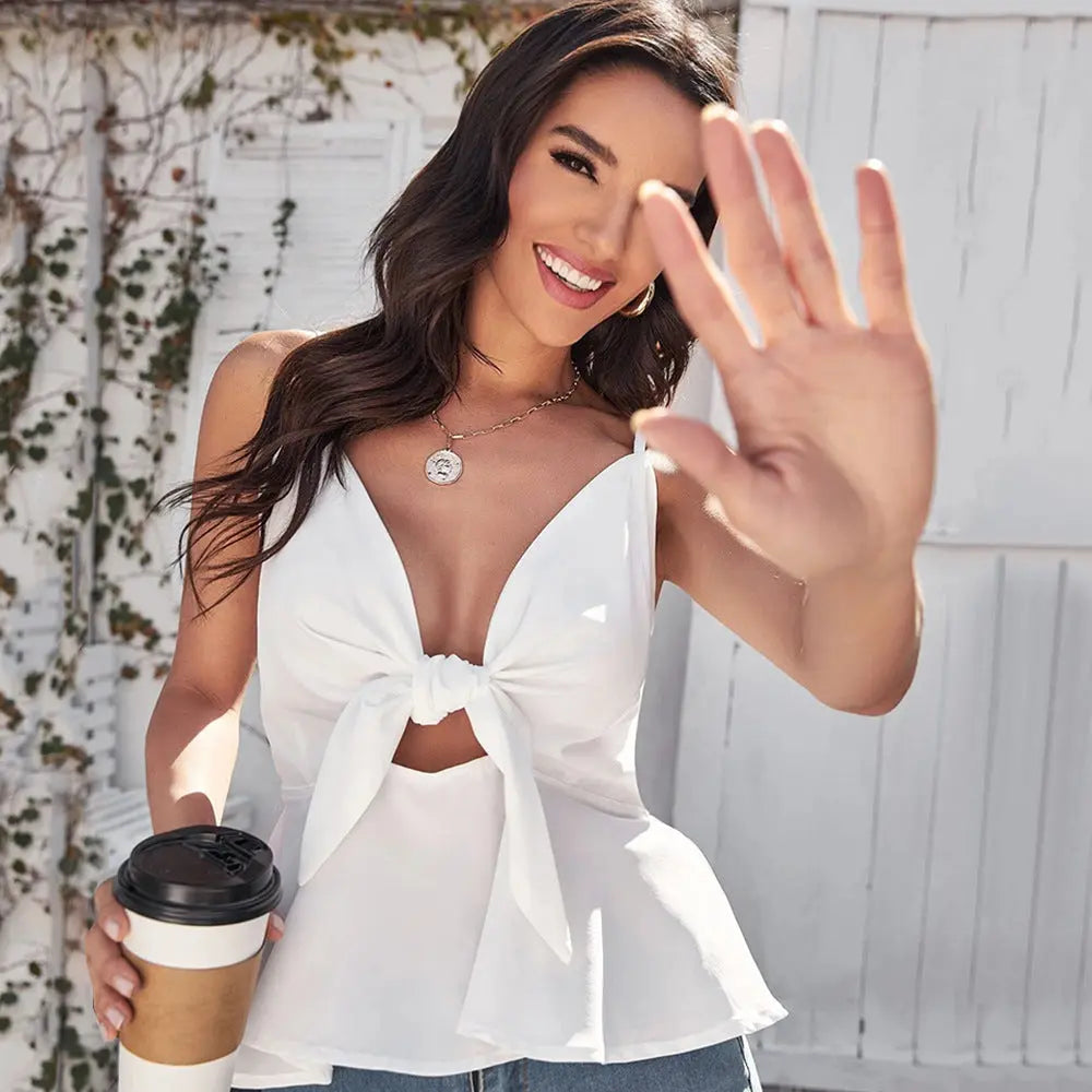 New Spot European And American Style Cross-border Women's Outer Wear Strappy Top Female Ruffled Hollow Sexy Hollow Suspender Top