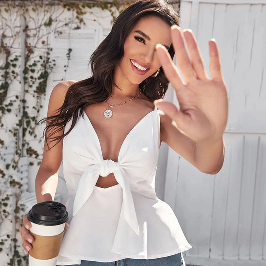 New Spot European And American Style Cross-border Women's Outer Wear Strappy Top Female Ruffled Hollow Sexy Hollow Suspender Top